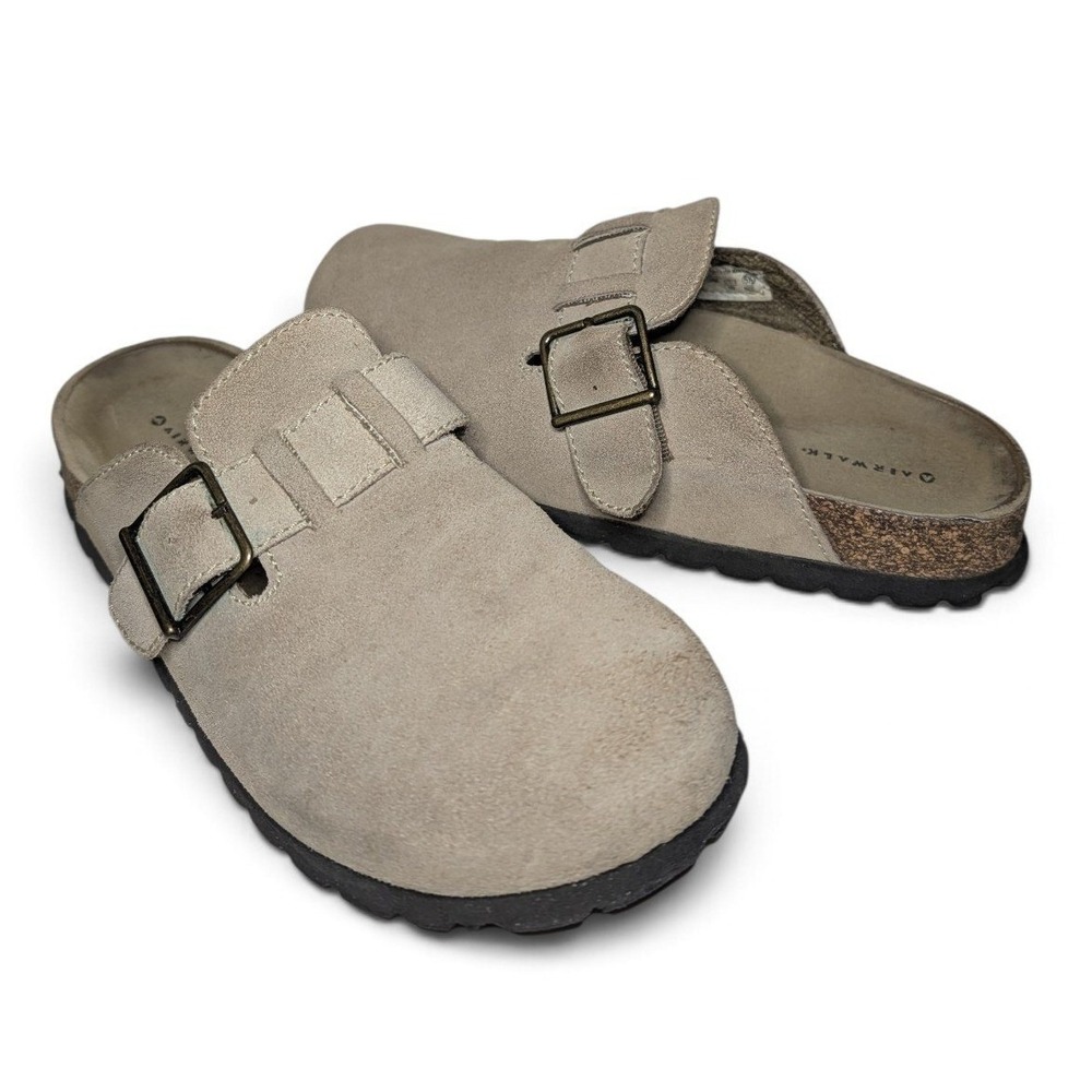 AIRWALK Abby Suede Clogs Women's 5.5 Tan Buckle Mules Flat Slip On Mule Confort